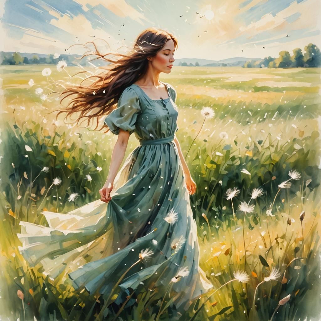 Woman Blows Dandelion Seeds in a Whimsical Impressionist Fie...