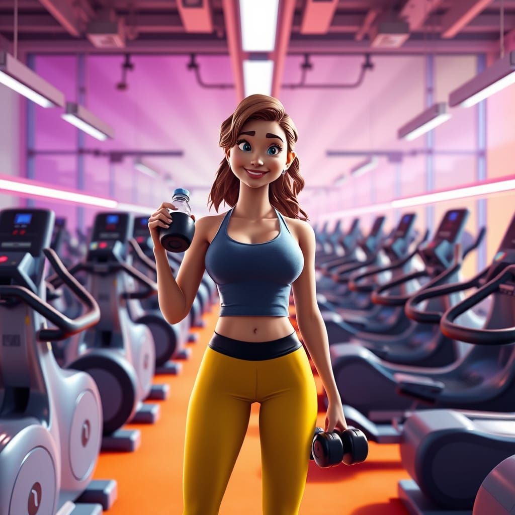 Woman Working Out in Pixar-Inspired Gym Scene