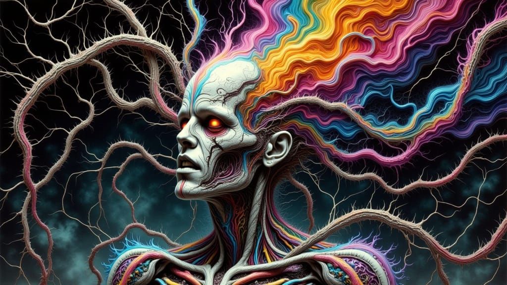 Biomechanical Android Entangled in Web with Fractal Lightnin...