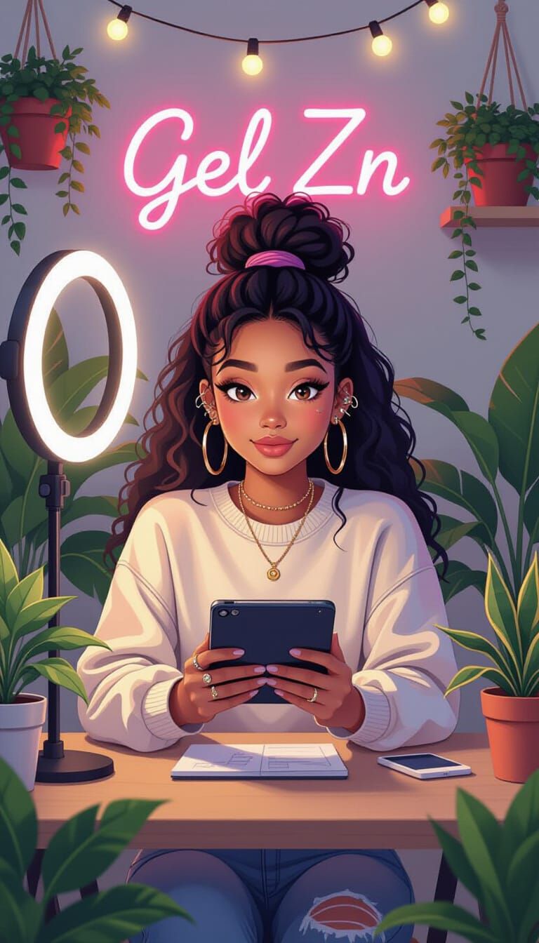 Gen Z Woman Recording Video in Playful Digital Art