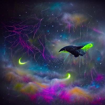 Glowing Raven Soars Through Cosmic Blackness in Neon Hues