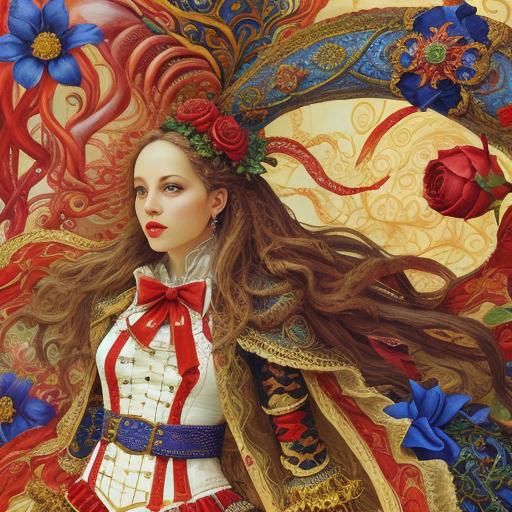 Surreal, Ginger Haired Goddess in Crimson Corseted Attire Ad...