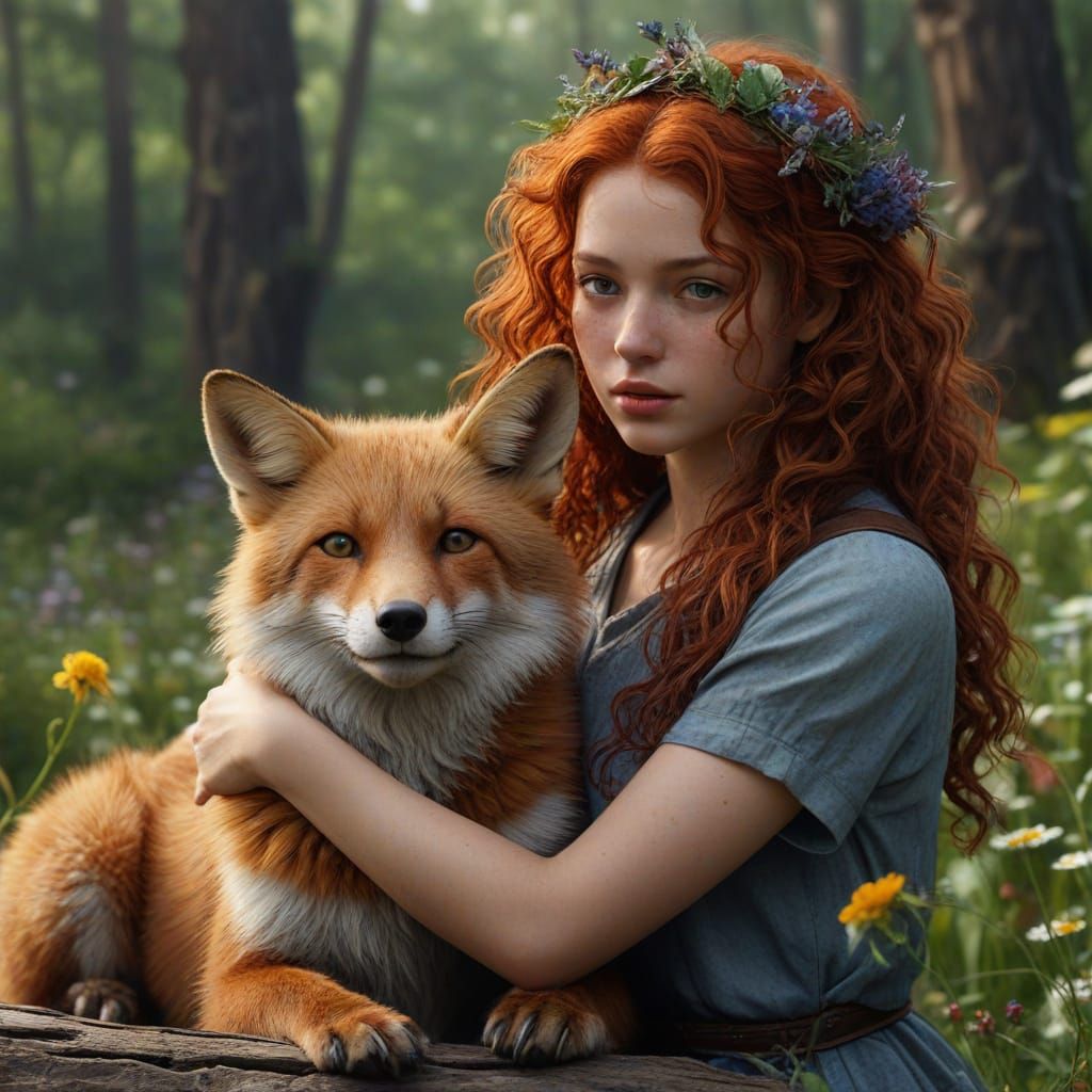 Surreal Irish Girl Hugs Fox in Whimsical Woodland Scene