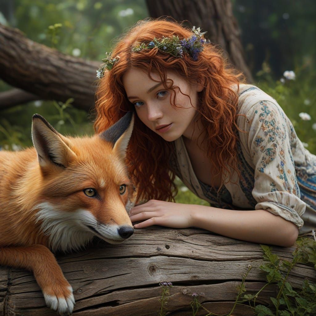 Hyperrealistic Portrait of an Irish Girl and Her Fox Compani...