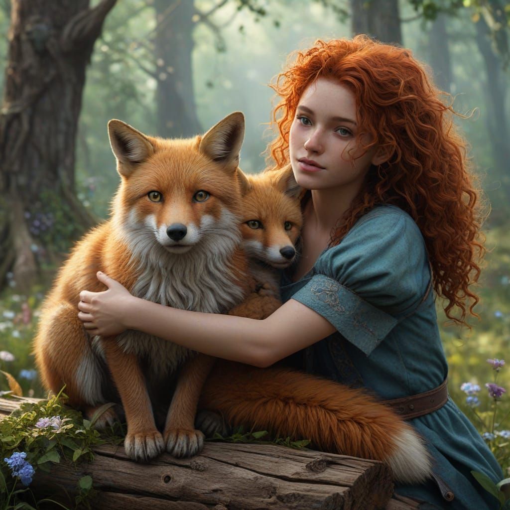 Surreal Irish Girl Hugs Fox in Whimsical Fantasy Scene