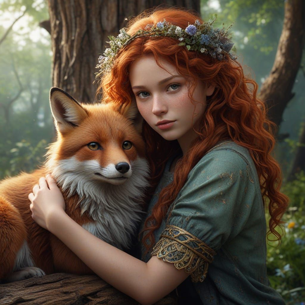Hyperrealistic Irish Girl Hugs Fox in Whimsical Forest Scene
