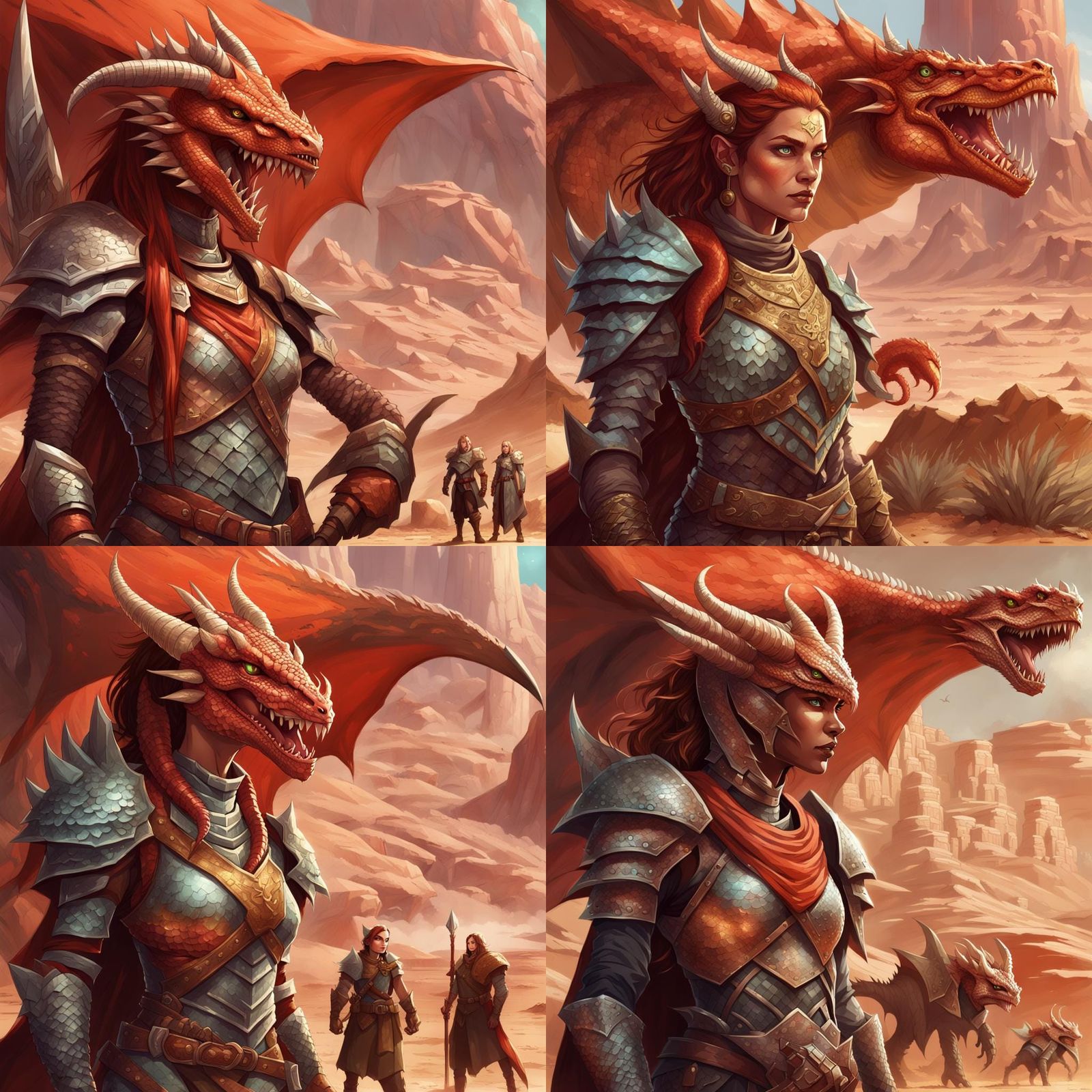 Dragon-Warrior in Desert Marketplace, Realistic Fantasy Art