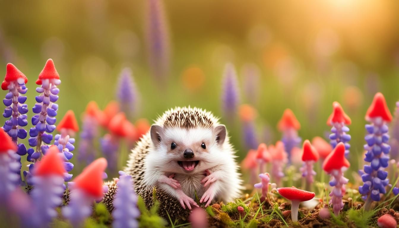 Happy Baby Hedgehog in a Field of Lupine Flowers