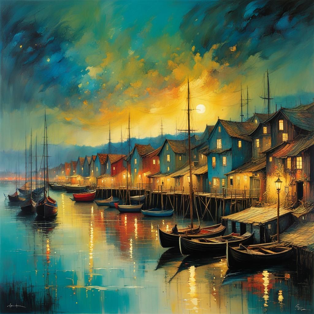 Idyllic Night Harbor Illuminated by Golden Light
