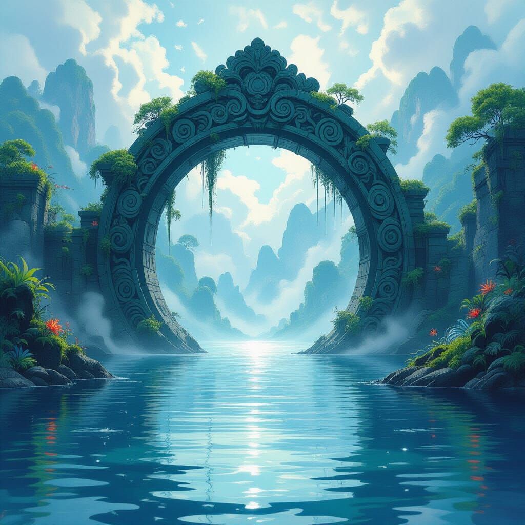 Ancient Stone Archway in Ethereal Lake, Japanese Ink Wash St...