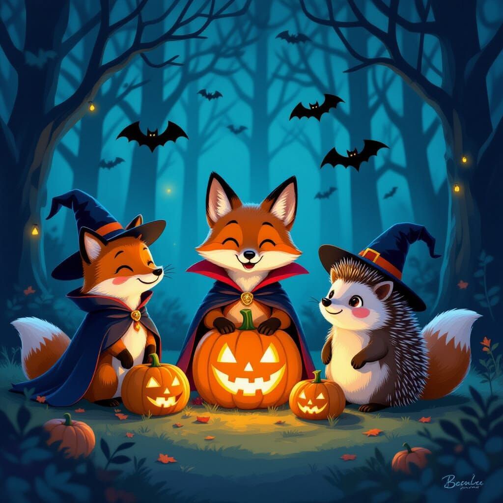 Whimsical Animals in Halloween Costumes Digital Painting