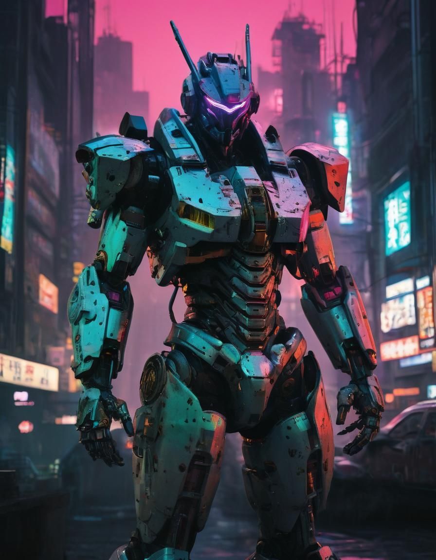 Cyberpunk Vigilante in Towering Industrial Armor