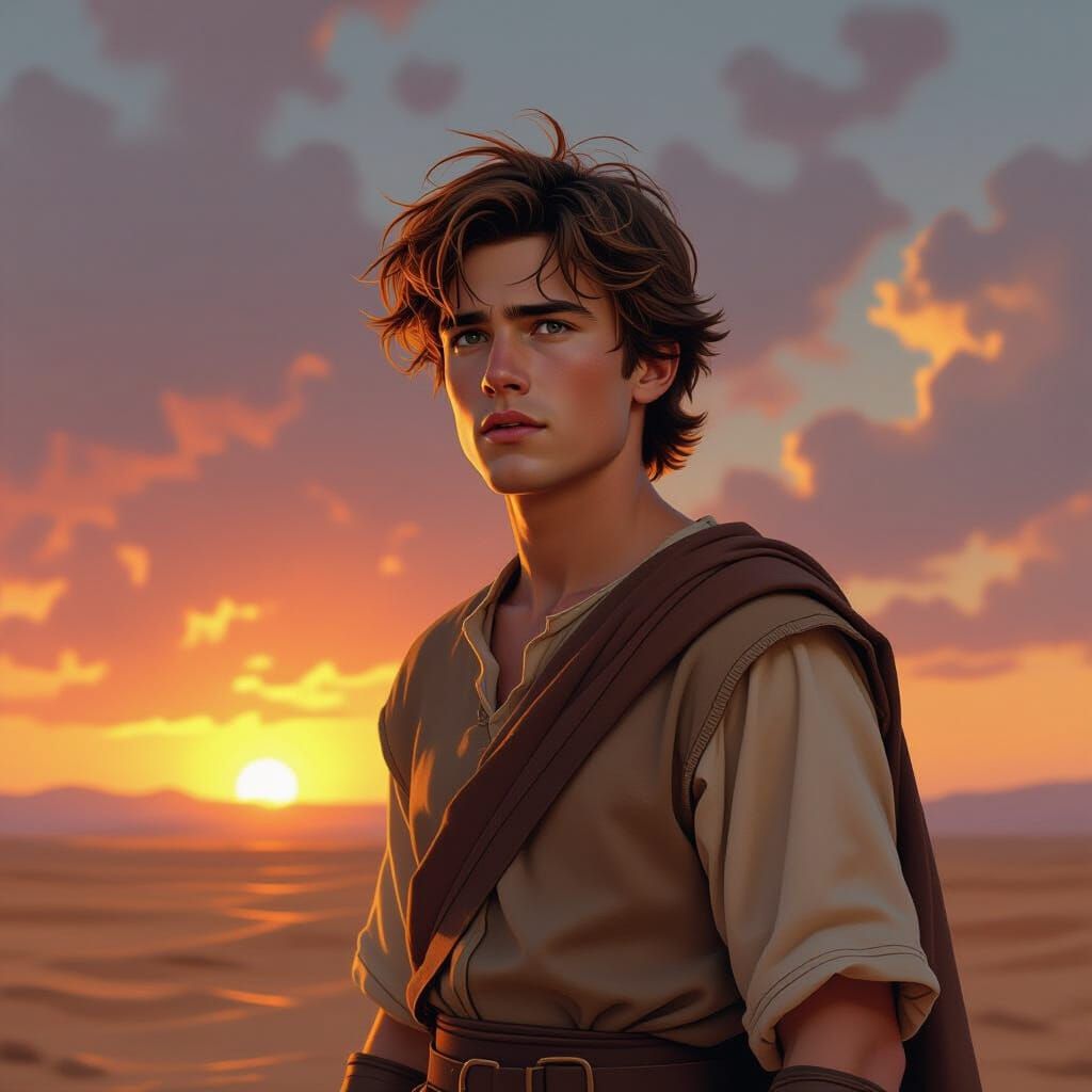 Young Man on Barren Plain Under Binary Sunset