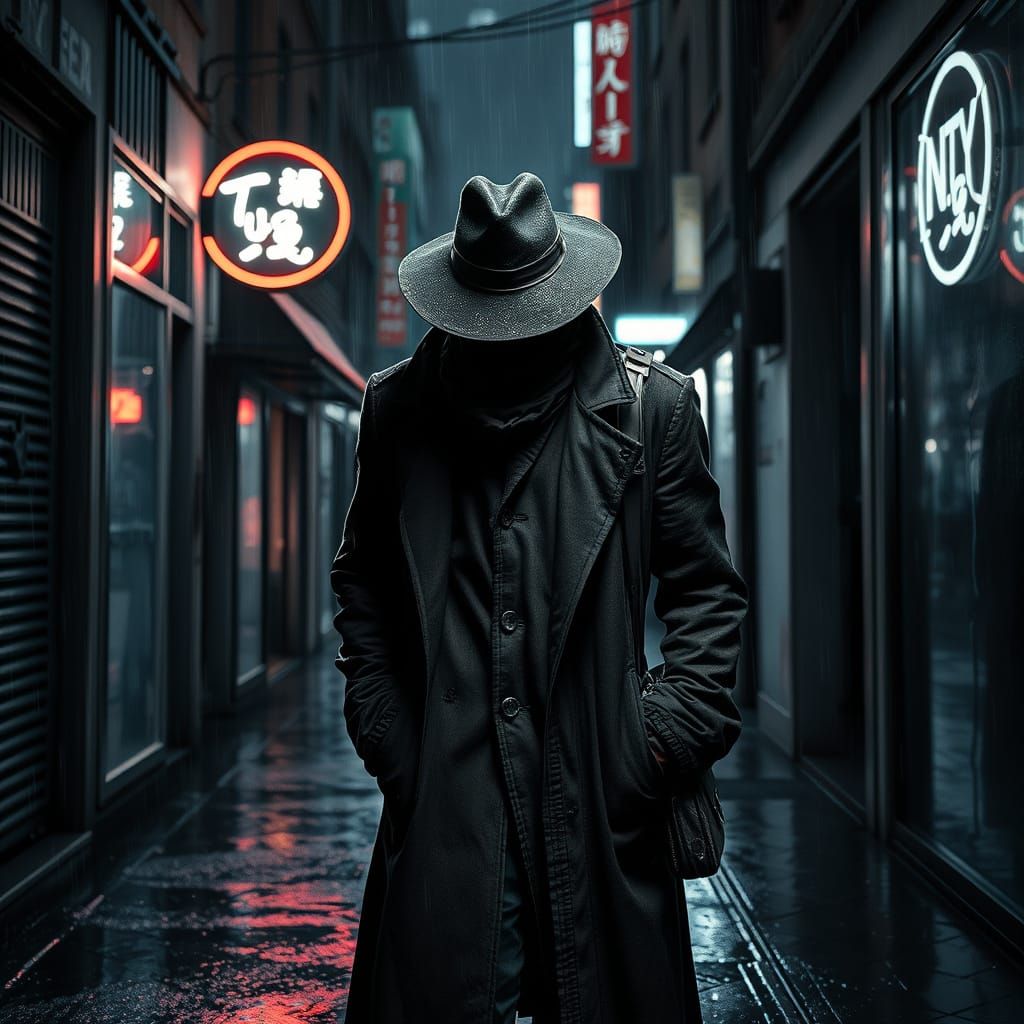 Cyberpunk Noir Figure Emerges from Shadows in a Gritty, High...