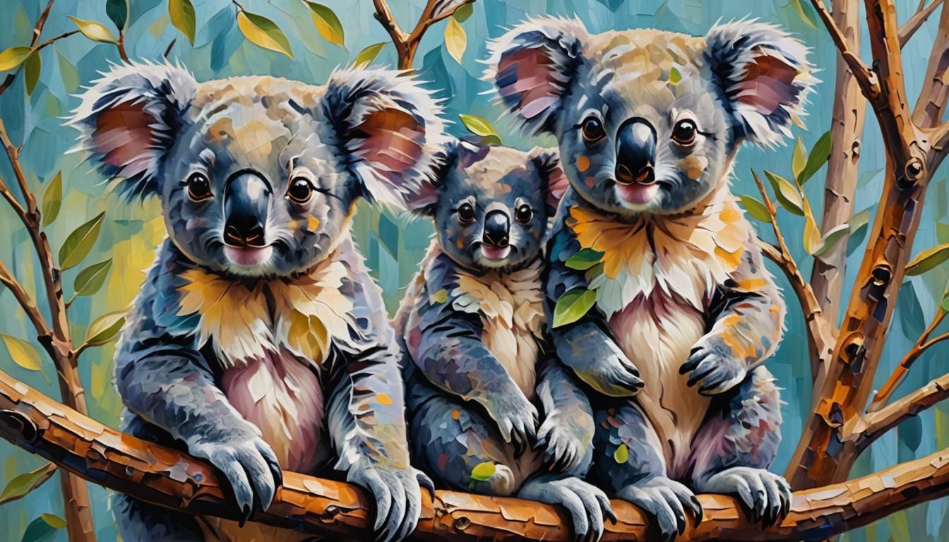 Vibrant Neo-Impressionist Koalas in Thick Oil Painting