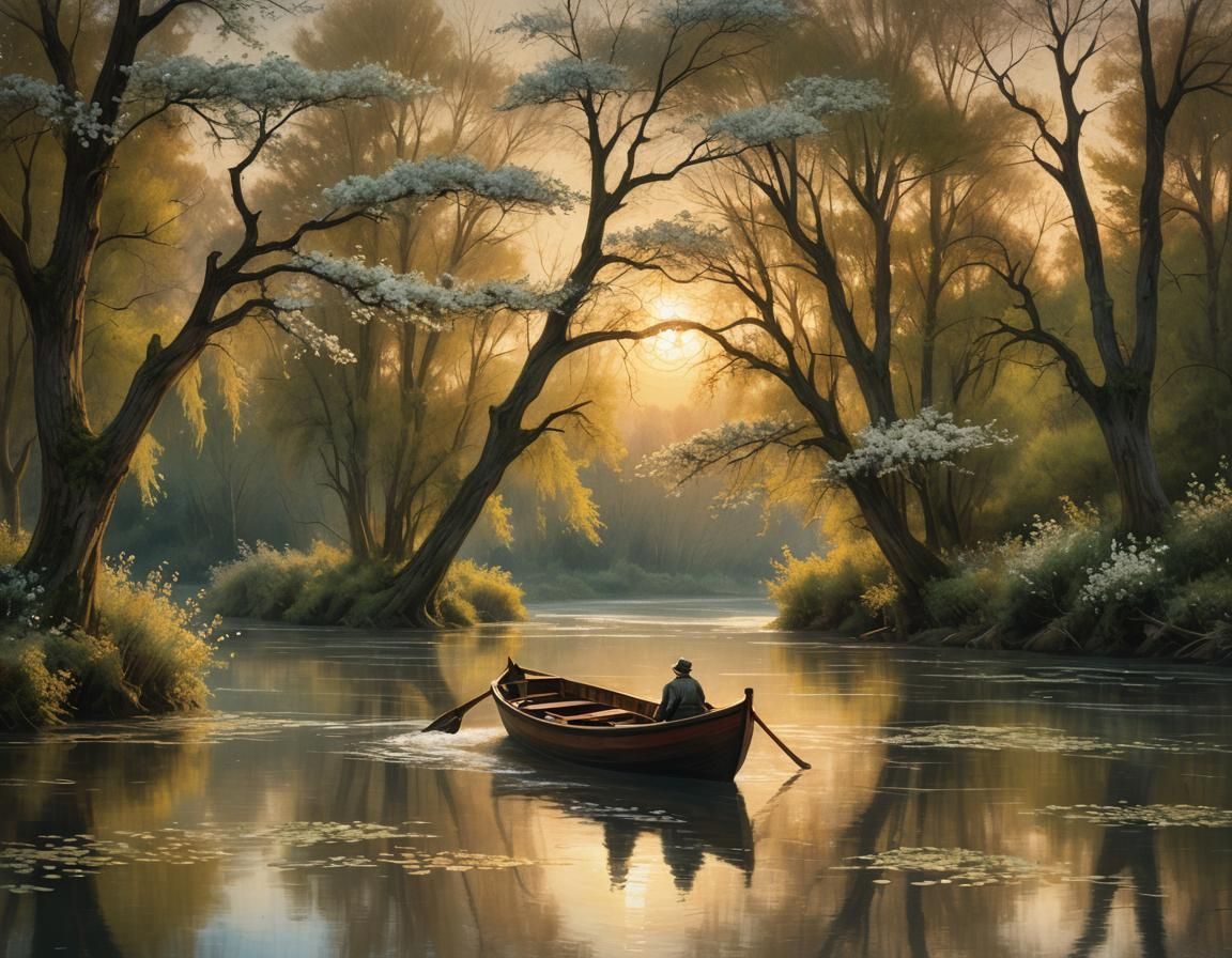 Fishing Boat on River in Romantic Style