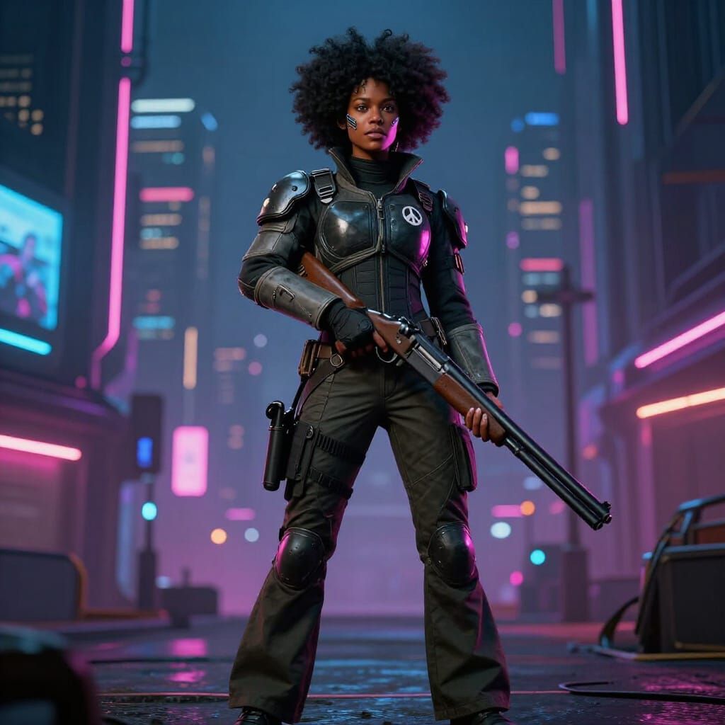 Cyberpunk Elf Warrior with Shotgun in Neon City
