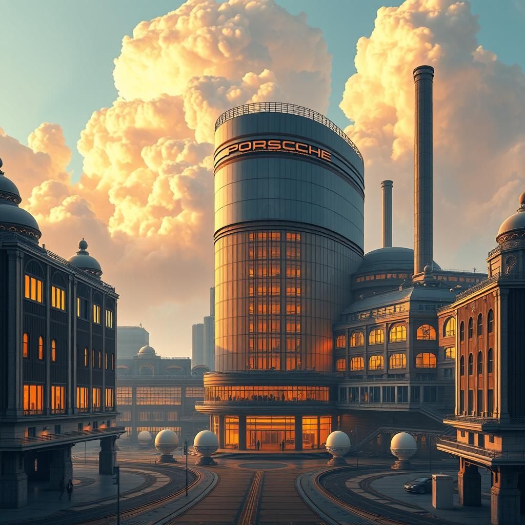Hyperdetailed Porsche Factory in Elaborate Art Deco Style