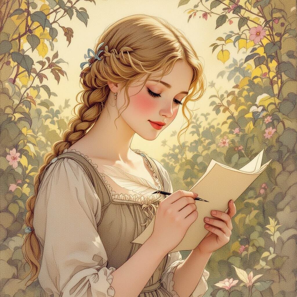 Young Woman Writes Love Letter in Sun-Dappled Garden