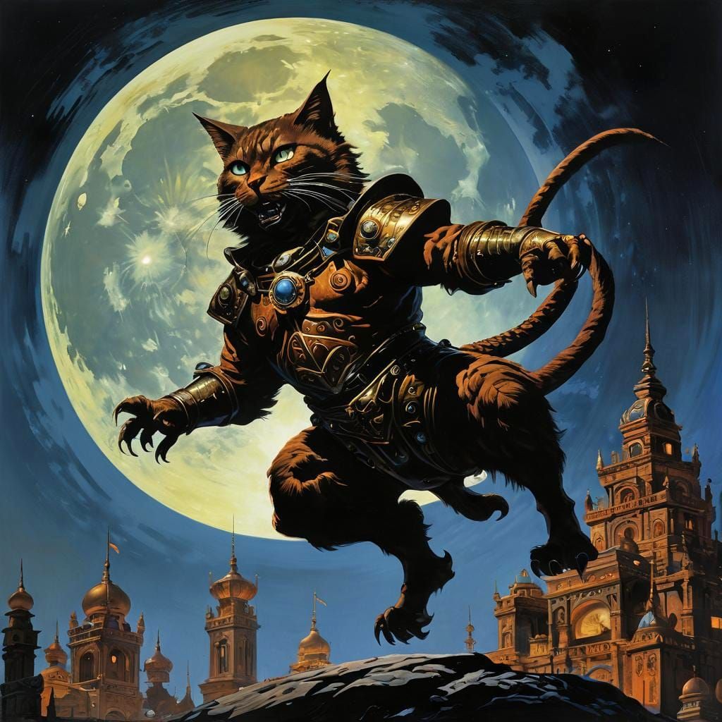 Surreal Clockwork Cat Golem Leaps Under Full Moon