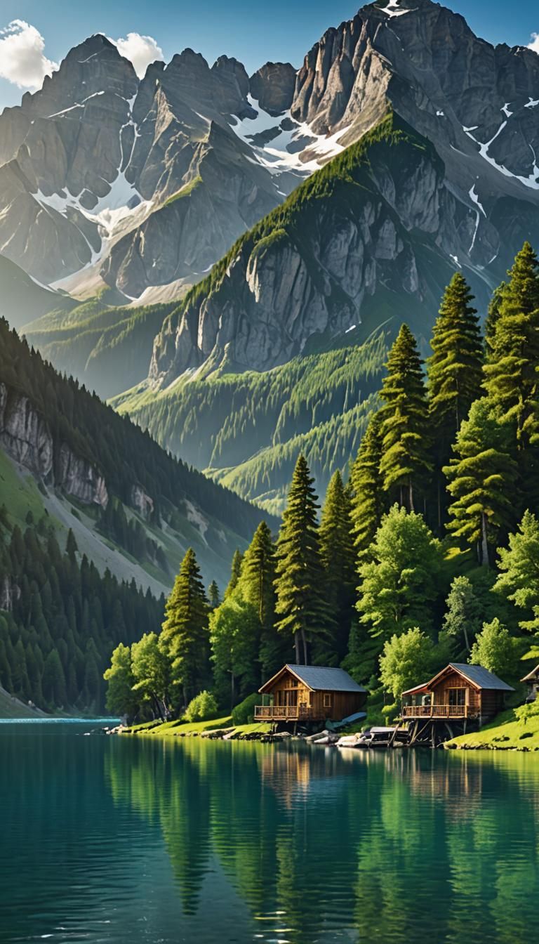Serene Summer Mountains Reflecting off Azure Lake with a Woo...