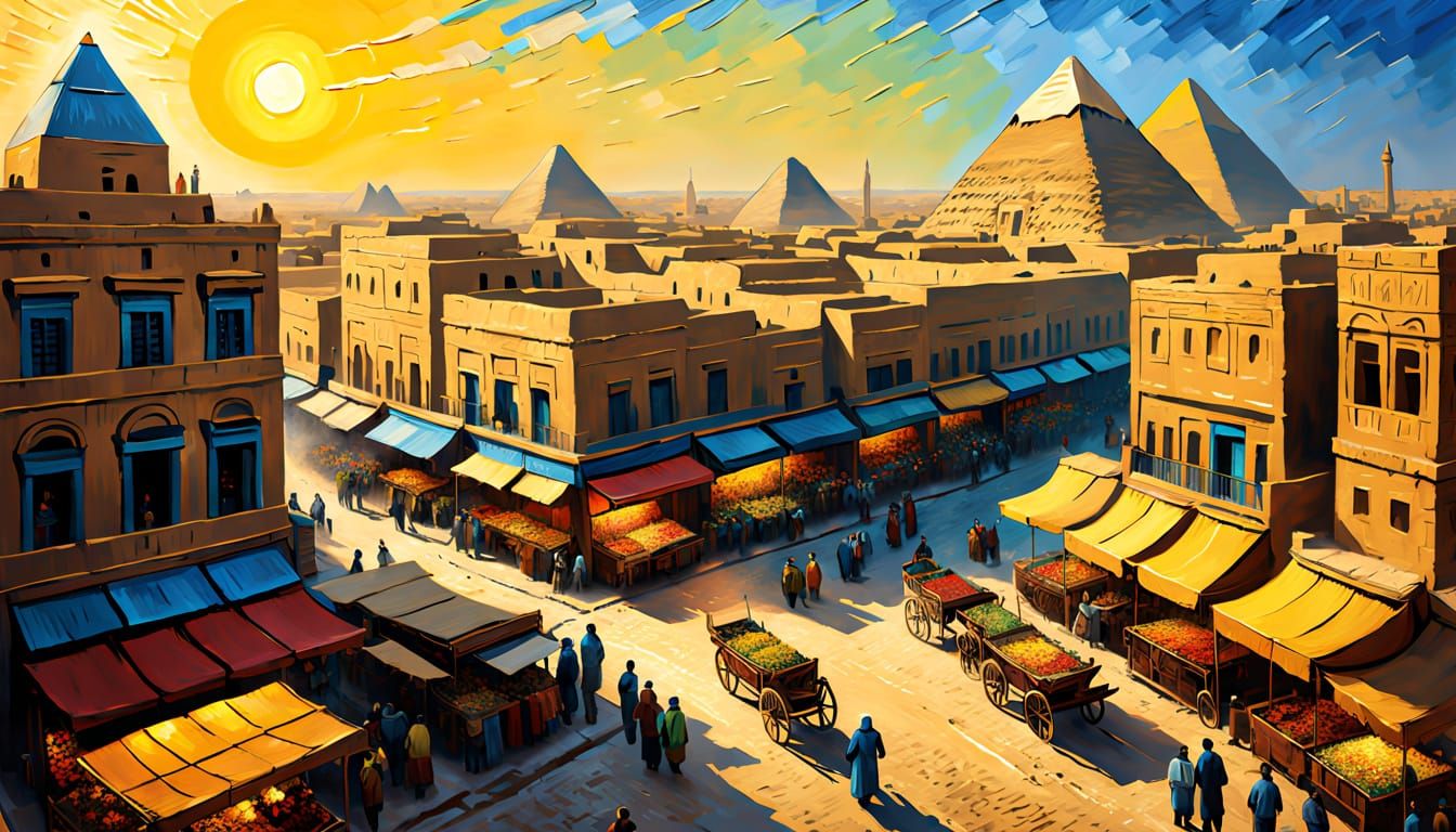 Egyptian City in Van Gogh Style Impasto Painting