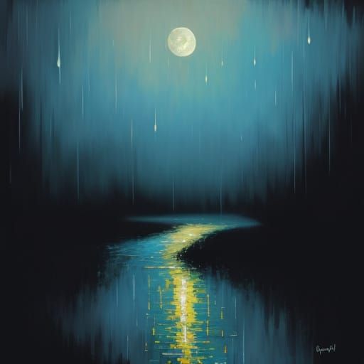 Moon in Rain: Neo-Impressionist Oil Painting