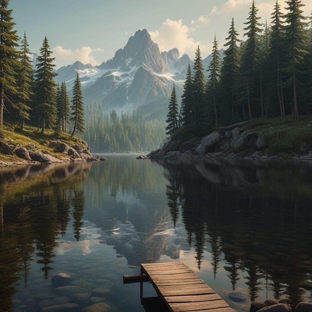 Serene Mountain Lake Reflecting Snow-Capped Peaks