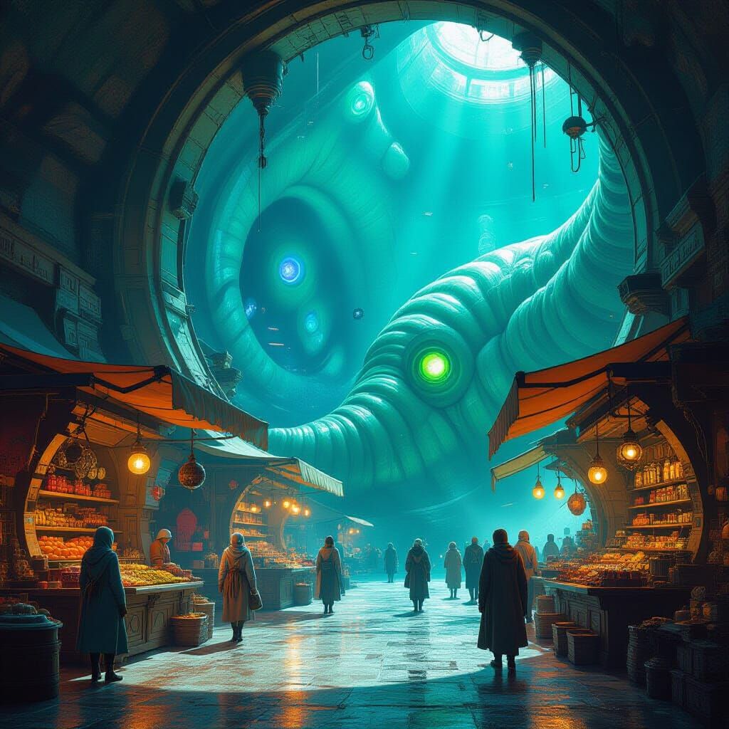 Bustling Alien Marketplace Inside a Bioluminescent Space Slu...