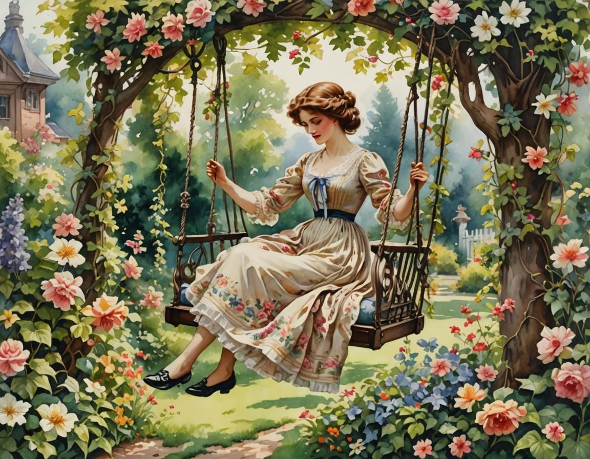 Romantic Edwardian-Era Woman Swings in Florid Watercolor Gar...