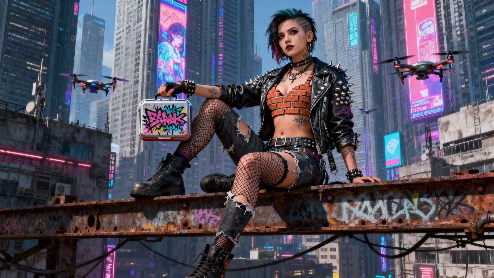 Punk Rock Woman on Steel Beam, Cityscape Background