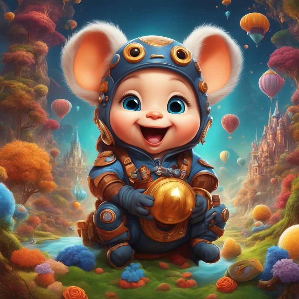 Whimsical Cartoon Baby in Vibrant Fantasy World