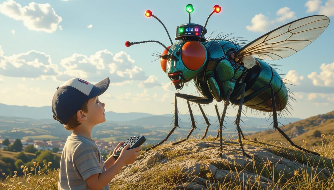 Boy Wonders at Giant Cyberpunk Fly on Hilltop