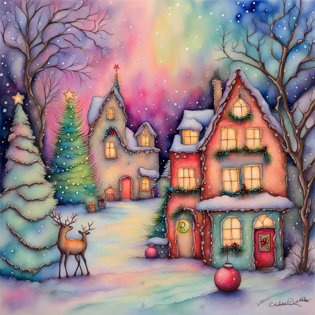 Whimsical Christmas Scene in Soft Pastel Colors