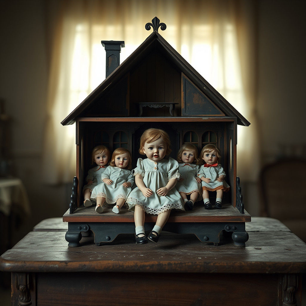 Eerie Dollhouse with Lifelike Victorian Dolls in Replicas of...