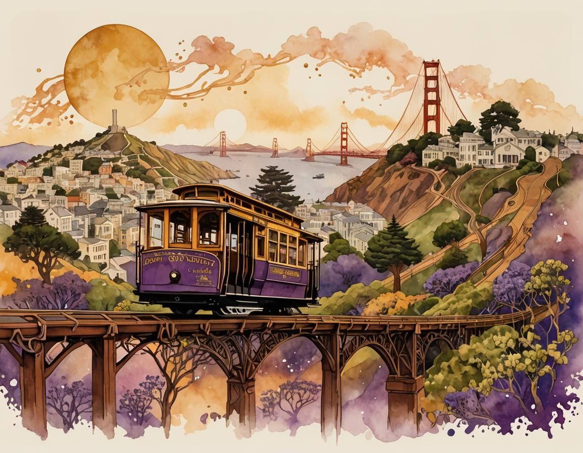 Steampunk San Francisco Cable Car Ascends Golden Gate Bridge