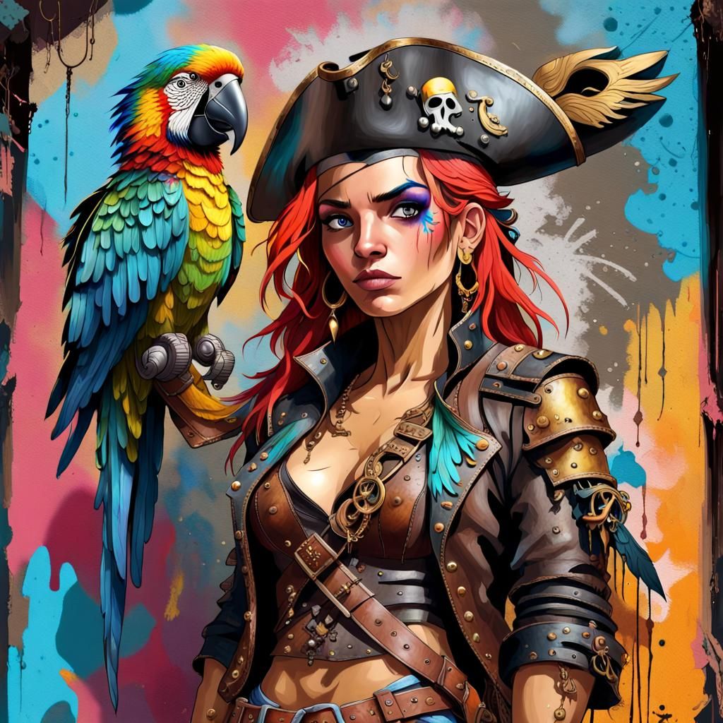 Confident Pirate Maiden in Vibrant Graffiti Style
