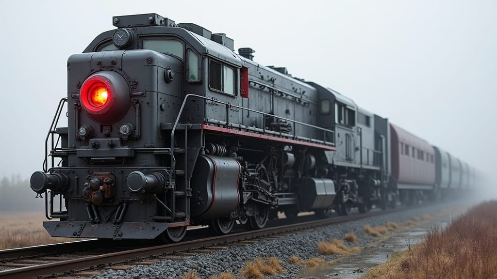 Gritty Military Train in Dark Grey and Red, Brutalist Sci-Fi...