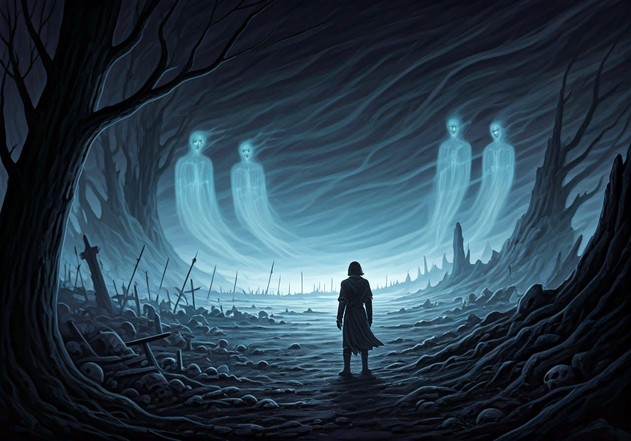 War Torn Warrior Amidst Ghostly Ruins in Dark Fantasy Style