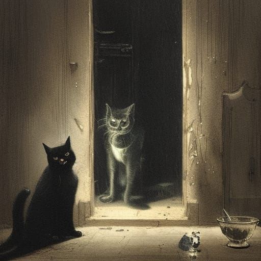 Black Cat in Dark Street, Horror Engraving