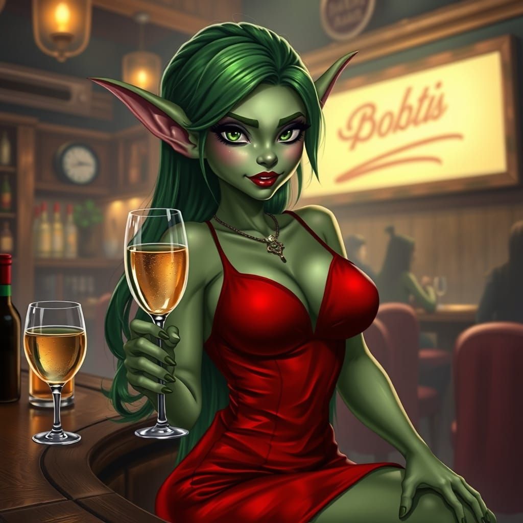 Busty Goblin in Red Dress at Tavern Bar