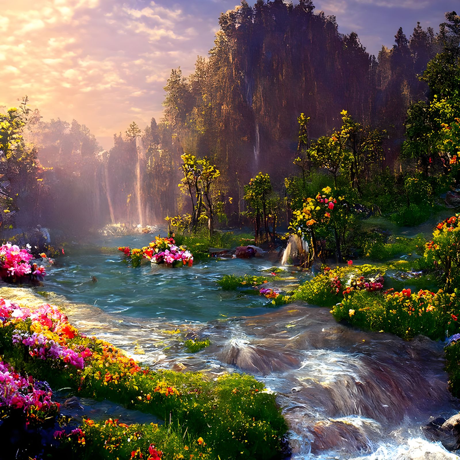 Ethereal Springtime Oasis with Blooming Roses and Waterfall