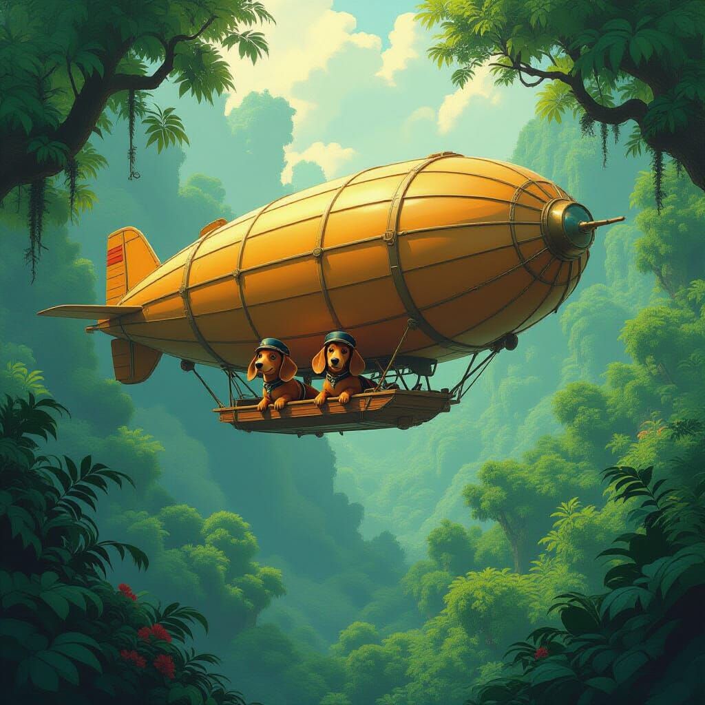 Dachshunds Pilot Airship Over Ancient Forest Canopy