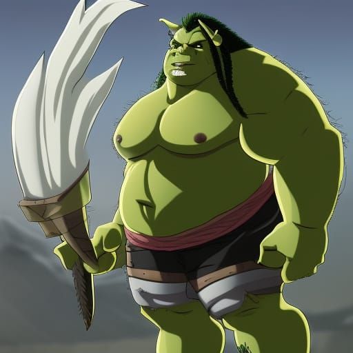 Magnificent Green Orc Warrior in Japanese Manga Style