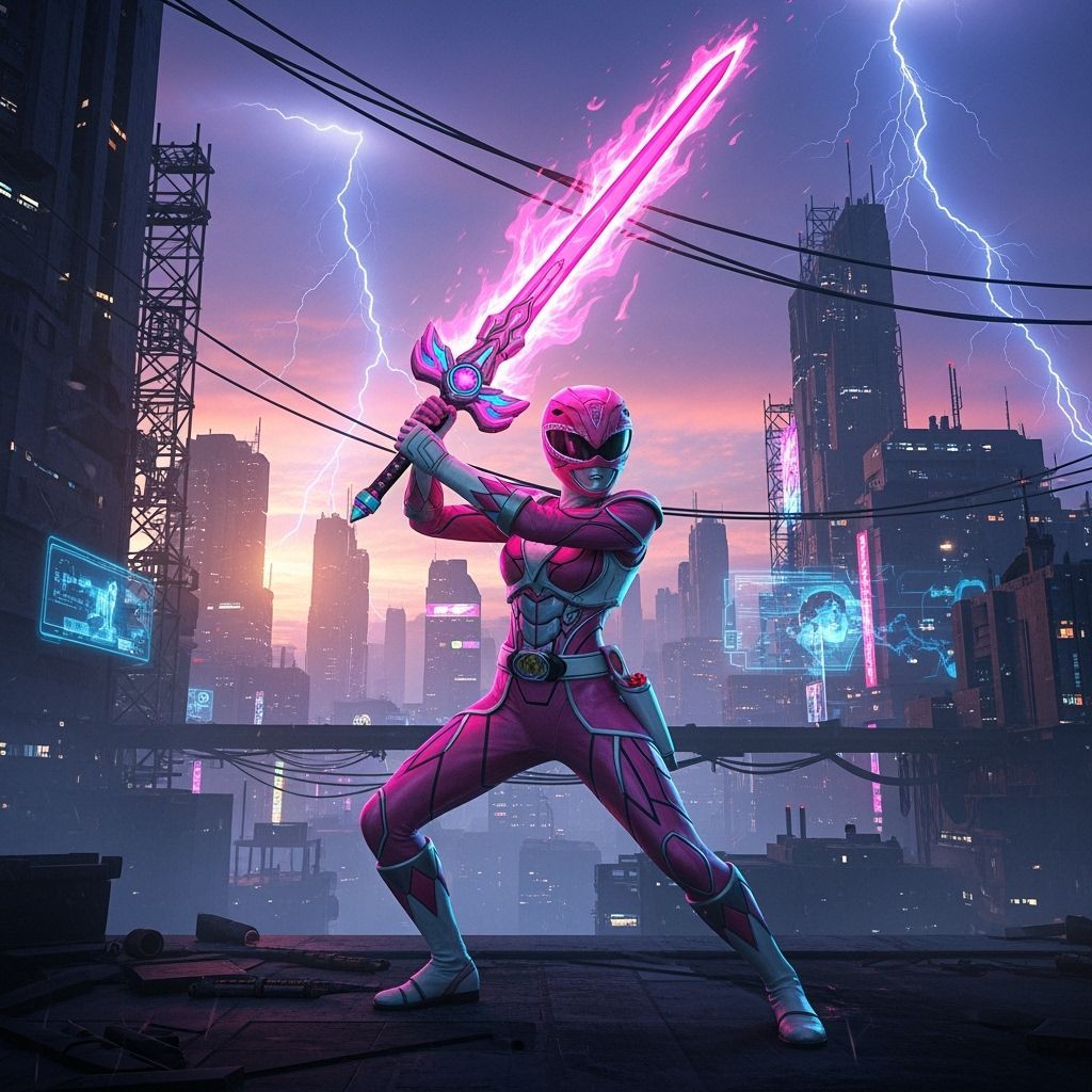 Pink Power Ranger with Flaming Sword in Neon Future