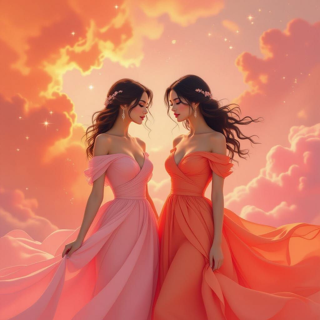 Elegant Women in a Dreamy Orange and Pink Universe