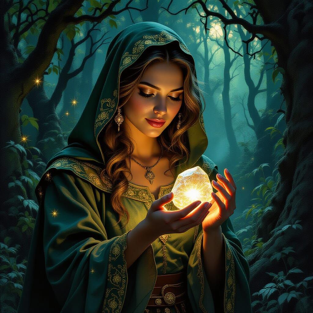 Medieval Woman Holds Glittering Stone in Mystical Forest