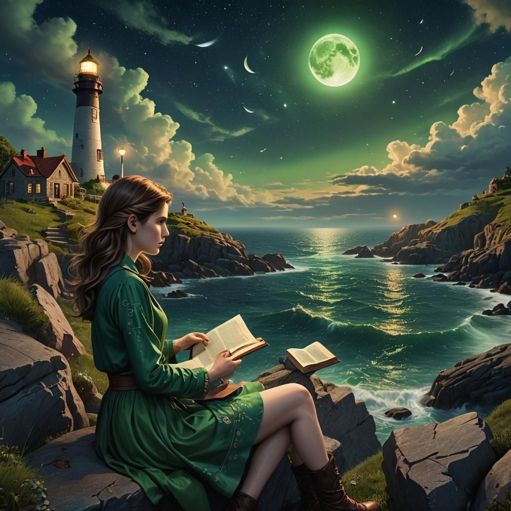 Futuristic Nighttime Scene of Anna Kendrick on Rocky Coast w...