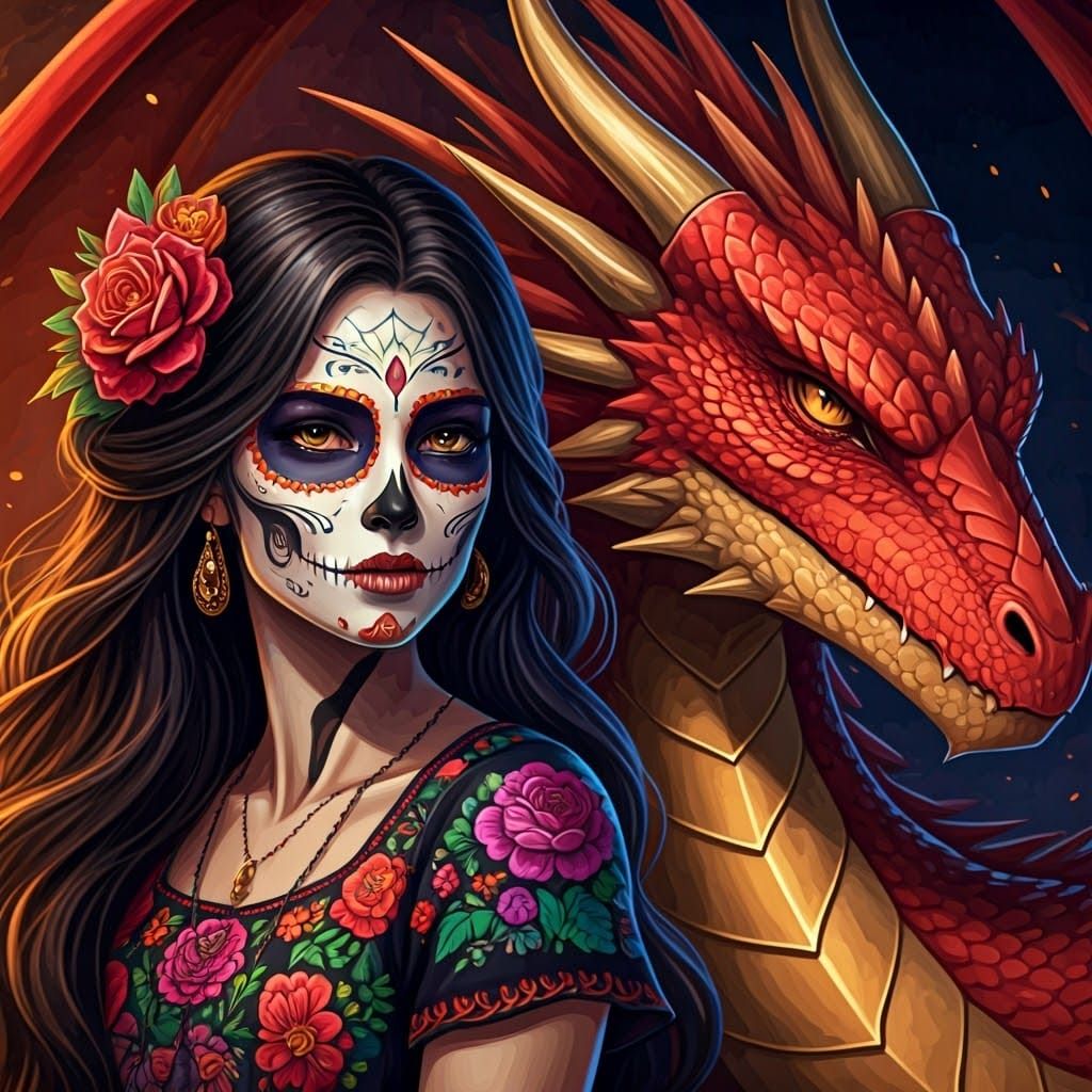 Woman in Colorful Día de los Muertos Face Paint with Red Dra...