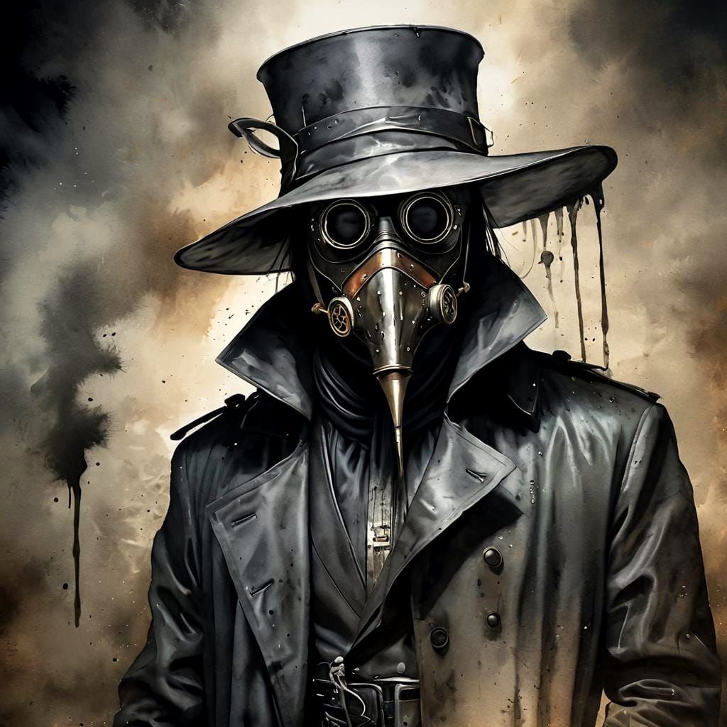 Steampunk Plague Doctor in Foggy Medieval Street